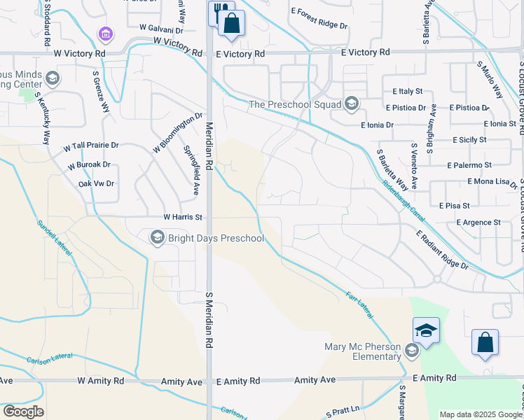 map of restaurants, bars, coffee shops, grocery stores, and more near 275 East Pisa Drive in Meridian