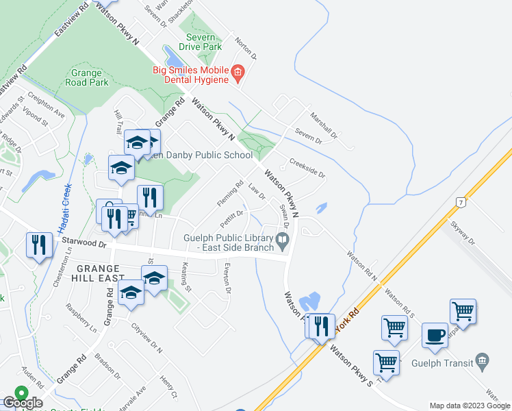 map of restaurants, bars, coffee shops, grocery stores, and more near 86 Pettitt Drive in Guelph