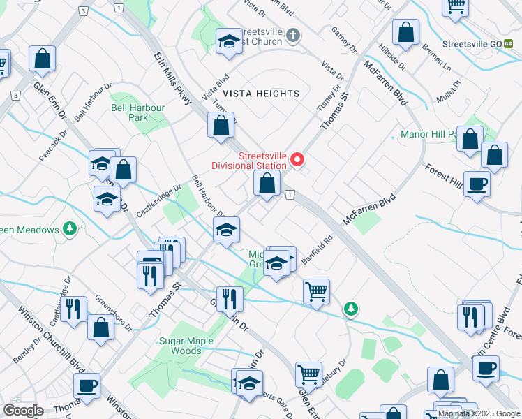 map of restaurants, bars, coffee shops, grocery stores, and more near 2550 Thomas Street in Mississauga