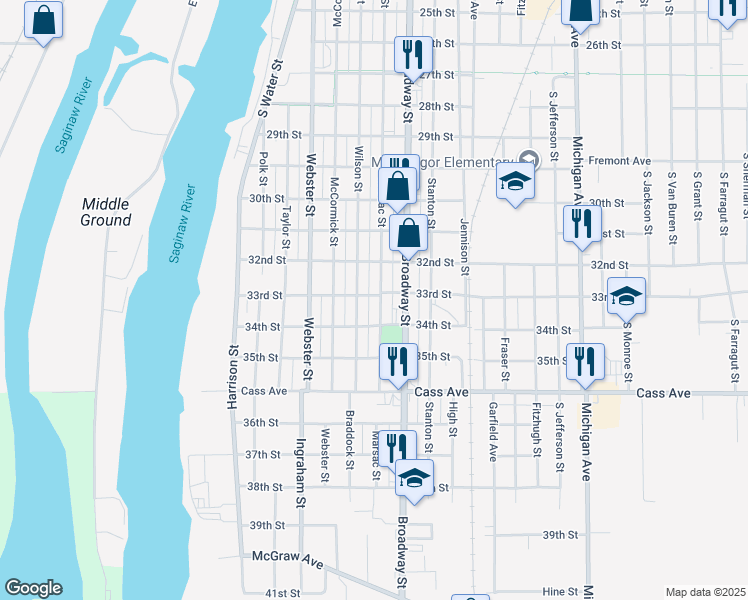 map of restaurants, bars, coffee shops, grocery stores, and more near 1420 Marsac Street in Bay City