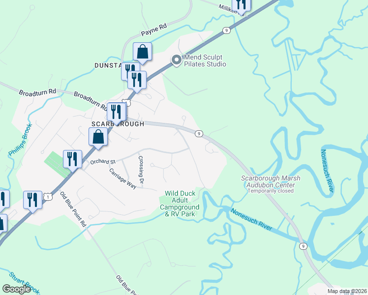 map of restaurants, bars, coffee shops, grocery stores, and more near 12 Dunstan Landing Road in Scarborough