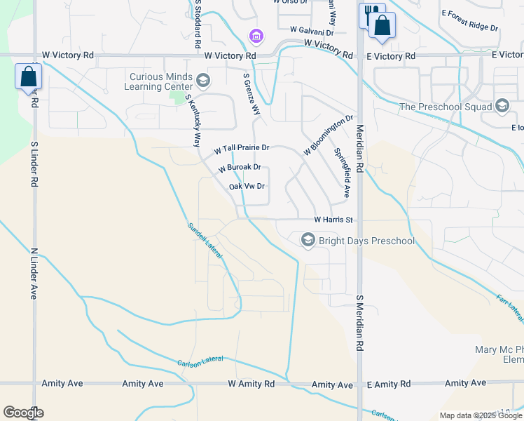 map of restaurants, bars, coffee shops, grocery stores, and more near 495 West Oak Springs Drive in Meridian