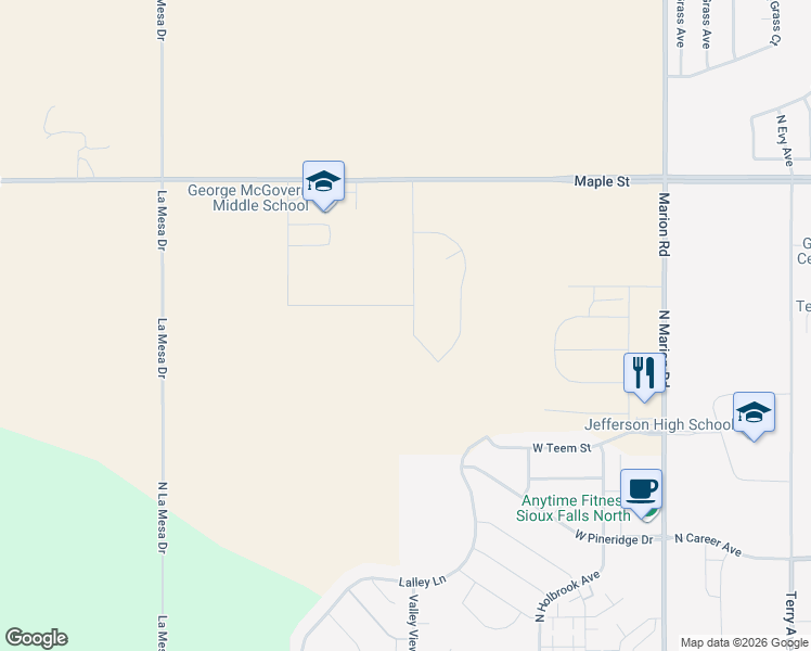 map of restaurants, bars, coffee shops, grocery stores, and more near 2301 North Valley View Road in Sioux Falls