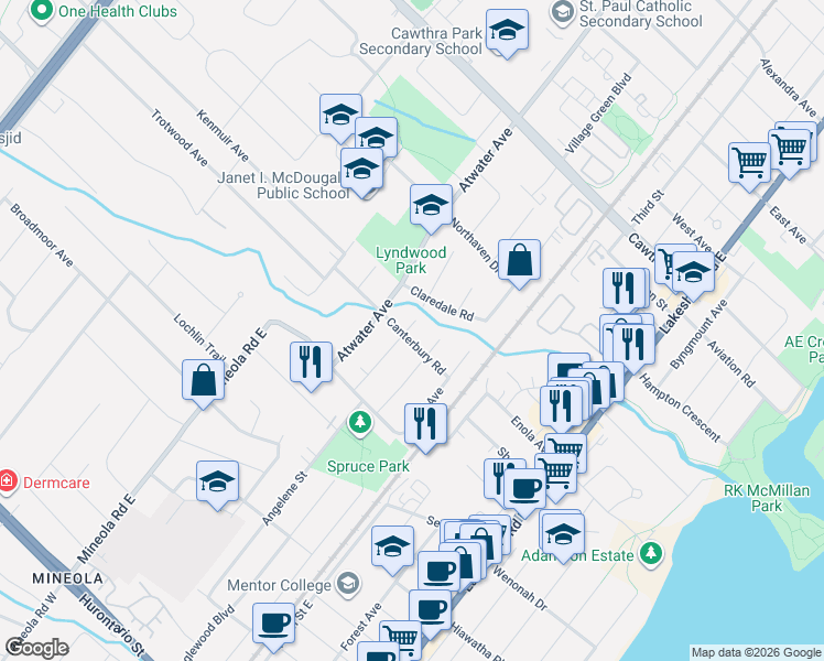 map of restaurants, bars, coffee shops, grocery stores, and more near 1209 Canterbury Road in Mississauga