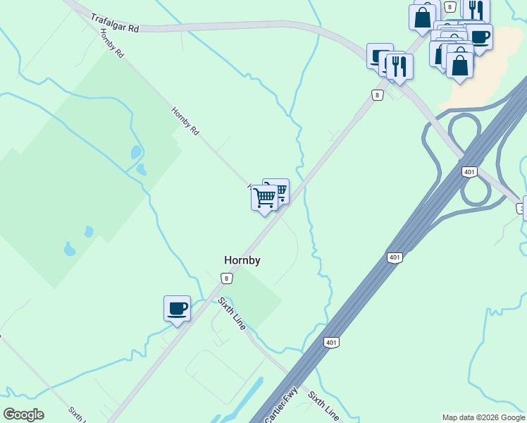map of restaurants, bars, coffee shops, grocery stores, and more near 8024 Hornby Road in Halton Hills