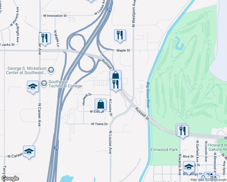 map of restaurants, bars, coffee shops, grocery stores, and more near 3101 Russell Street in Sioux Falls