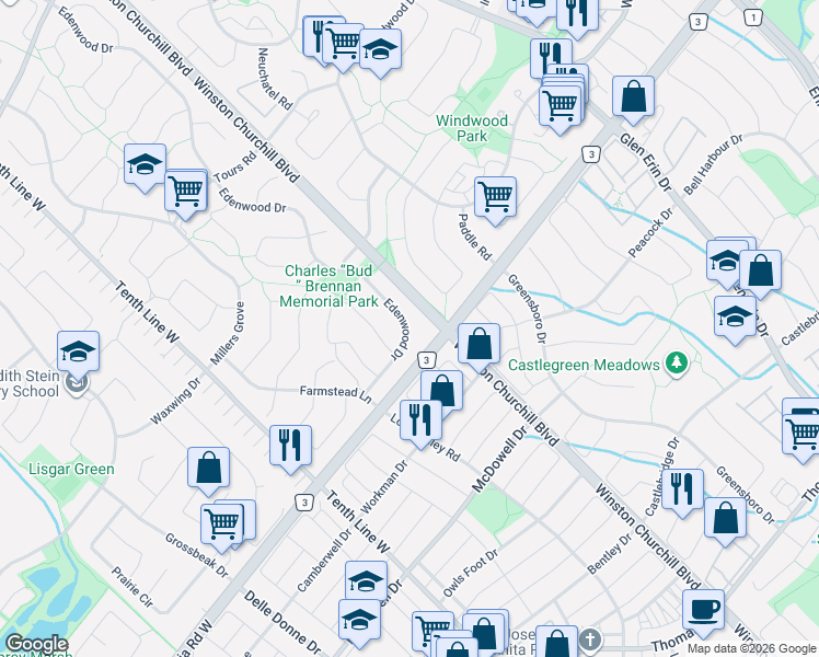 map of restaurants, bars, coffee shops, grocery stores, and more near 6101 Edenwood Drive in Mississauga