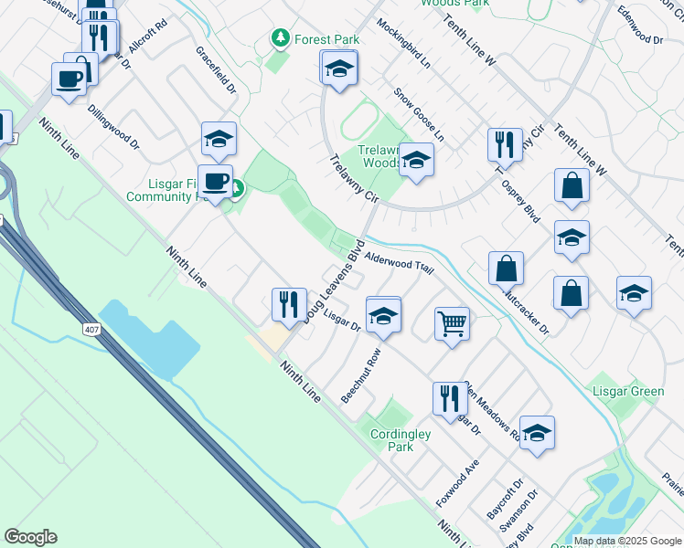 map of restaurants, bars, coffee shops, grocery stores, and more near 40 Doug Leavens Boulevard in Mississauga