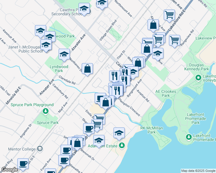 map of restaurants, bars, coffee shops, grocery stores, and more near Mermaid Crescent in Mississauga