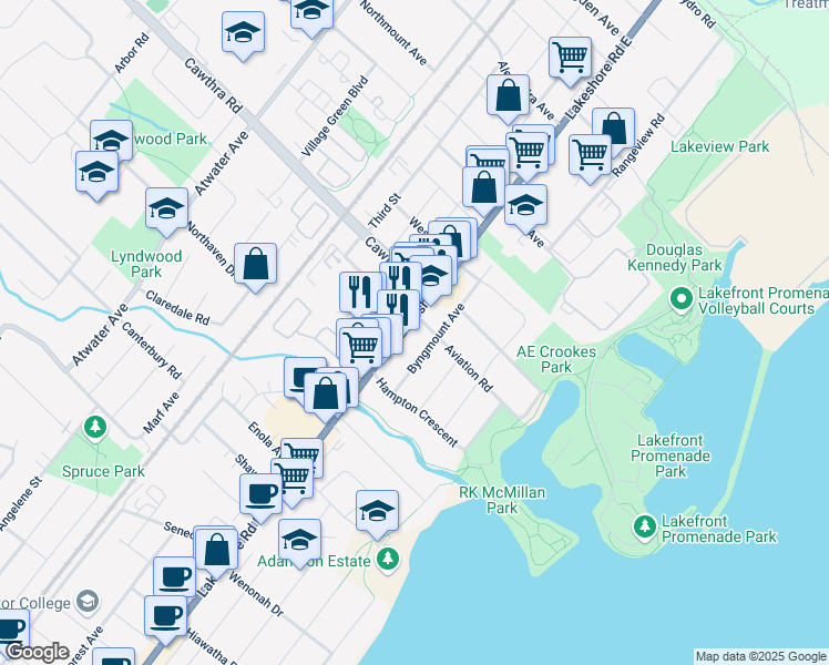 map of restaurants, bars, coffee shops, grocery stores, and more near 617 Lakeshore Road East in Mississauga