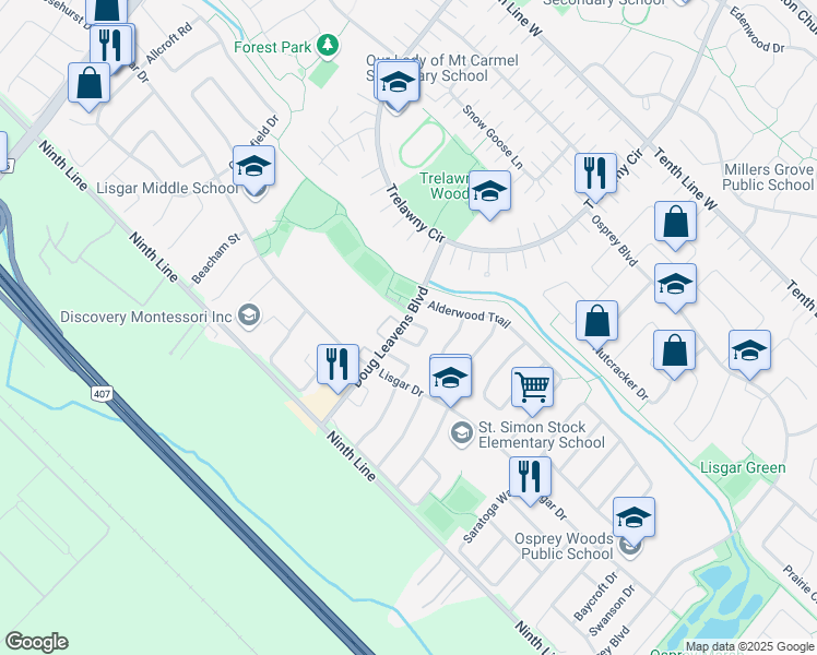 map of restaurants, bars, coffee shops, grocery stores, and more near 6514 Cedar Rapids Crescent in Mississauga