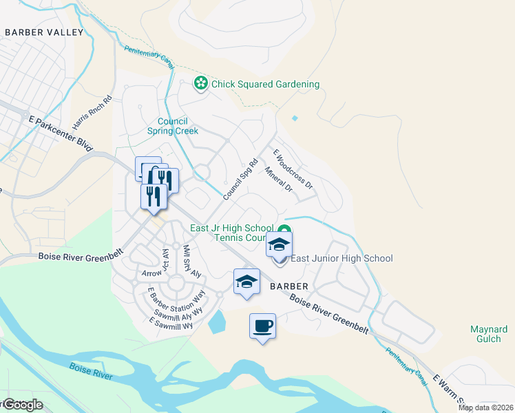 map of restaurants, bars, coffee shops, grocery stores, and more near 3542 Kingsland Way in Boise