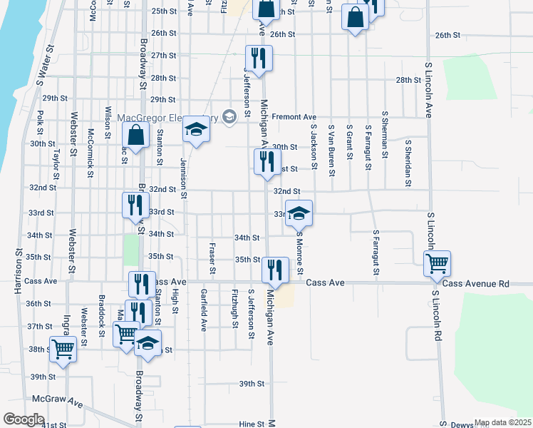 map of restaurants, bars, coffee shops, grocery stores, and more near 1299 Michigan Ave in Bay City
