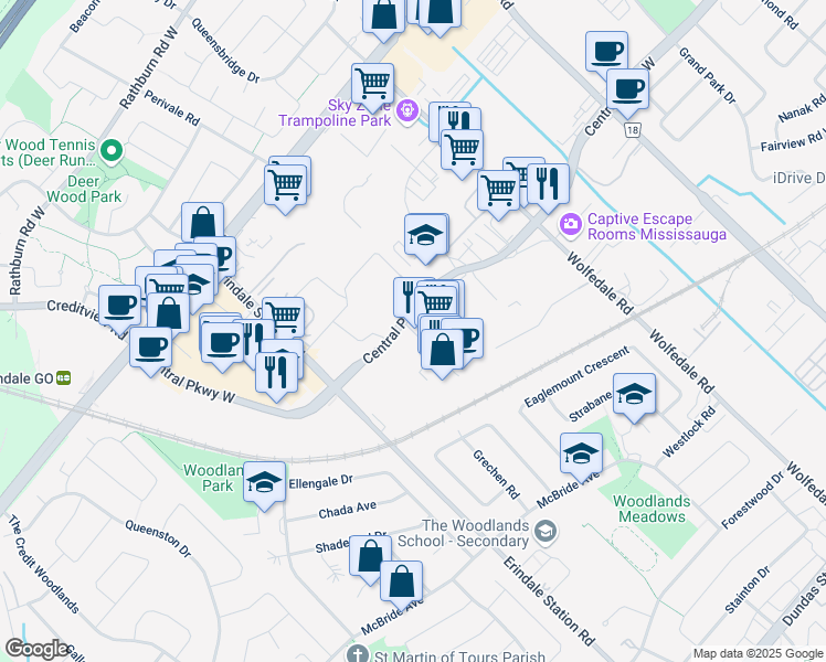 map of restaurants, bars, coffee shops, grocery stores, and more near Semenyk Court in Mississauga