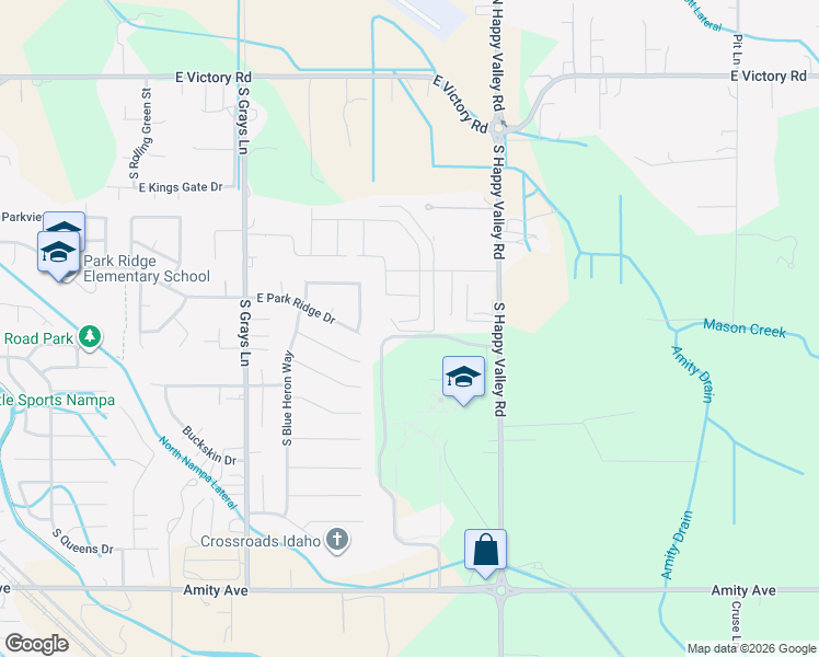 map of restaurants, bars, coffee shops, grocery stores, and more near 77 South Happy Valley Road in Nampa