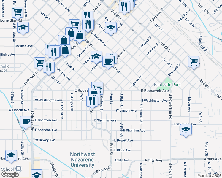 map of restaurants, bars, coffee shops, grocery stores, and more near 1712 9th Street South in Nampa