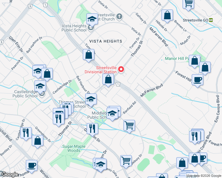 map of restaurants, bars, coffee shops, grocery stores, and more near in Mississauga