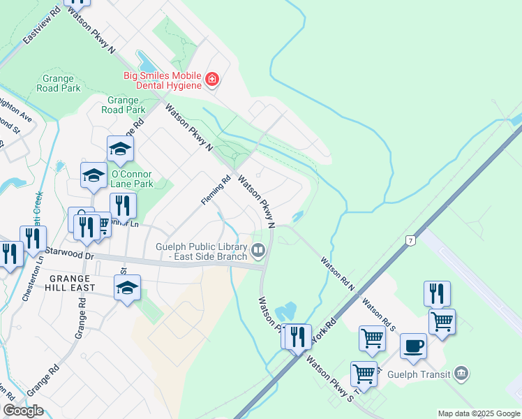 map of restaurants, bars, coffee shops, grocery stores, and more near 174 Watson Parkway North in Guelph