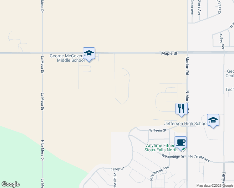 map of restaurants, bars, coffee shops, grocery stores, and more near 2301 North Valley View Road in Sioux Falls