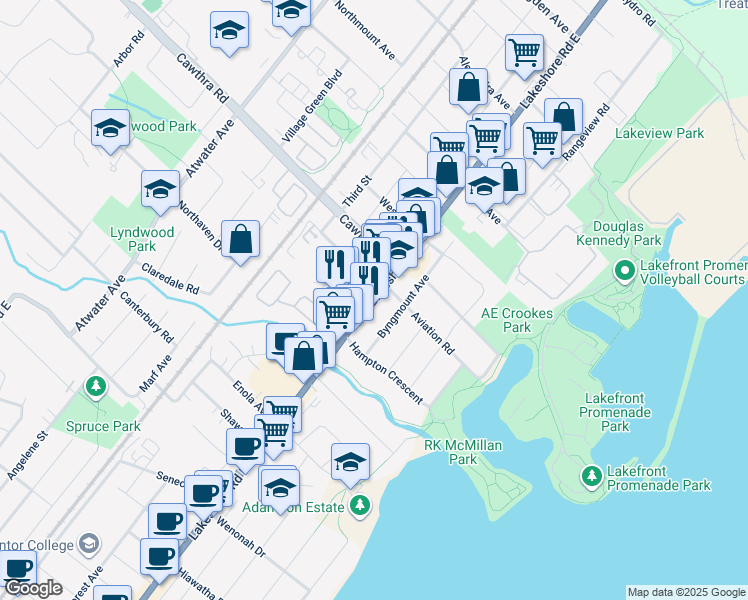 map of restaurants, bars, coffee shops, grocery stores, and more near Lakeshore Road East in Mississauga