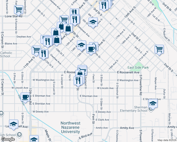 map of restaurants, bars, coffee shops, grocery stores, and more near 1712 9th Street South in Nampa