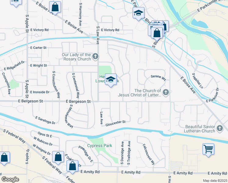 map of restaurants, bars, coffee shops, grocery stores, and more near 1740 East Bergeson Street in Boise