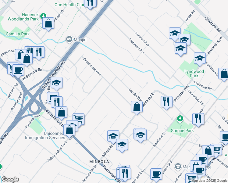 map of restaurants, bars, coffee shops, grocery stores, and more near 1448 Broadmoor Avenue in Mississauga