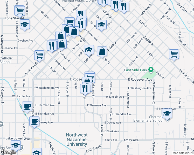map of restaurants, bars, coffee shops, grocery stores, and more near 814 East Roosevelt Avenue in Nampa