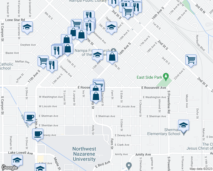 map of restaurants, bars, coffee shops, grocery stores, and more near 816 East Roosevelt Avenue in Nampa