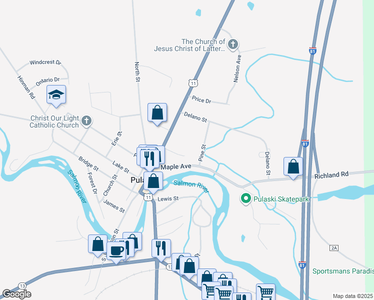 map of restaurants, bars, coffee shops, grocery stores, and more near 24 Furnace Street in Pulaski