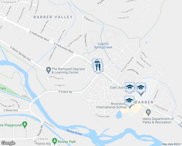 map of restaurants, bars, coffee shops, grocery stores, and more near 3660 South Pheasant Tail Way in Boise