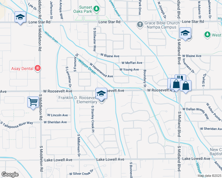 map of restaurants, bars, coffee shops, grocery stores, and more near 1720 West Roosevelt Avenue in Nampa