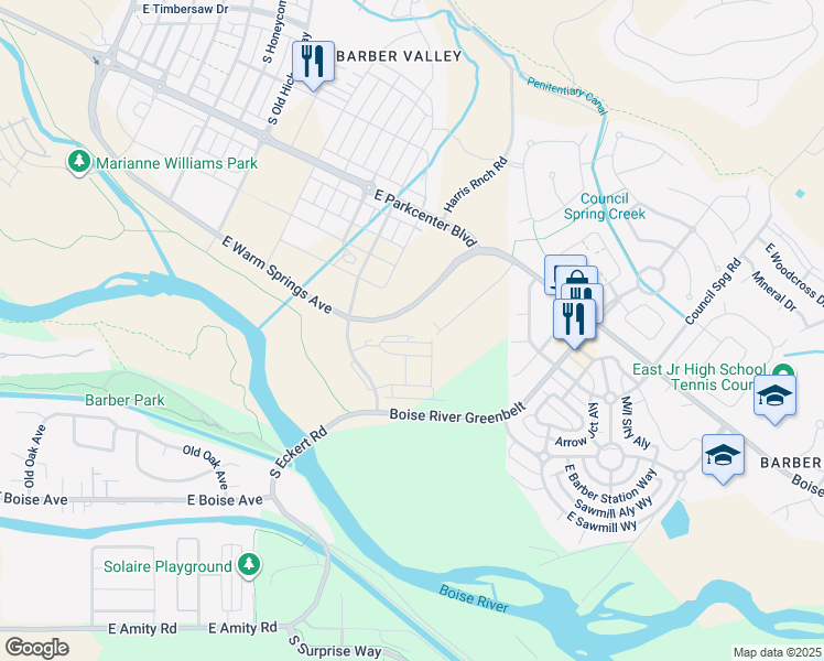 map of restaurants, bars, coffee shops, grocery stores, and more near 4455 East Warm Springs Avenue in Boise