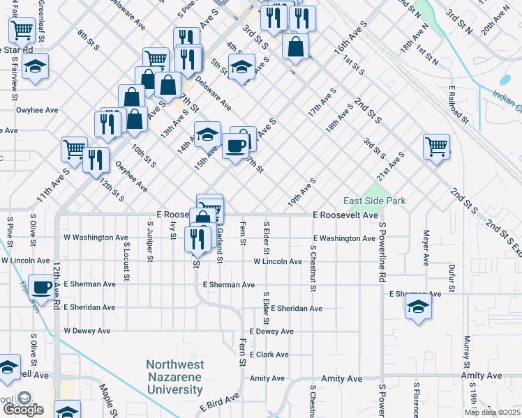 map of restaurants, bars, coffee shops, grocery stores, and more near 1801 8th Street South in Nampa