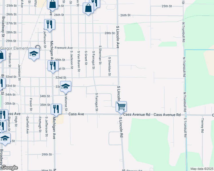 map of restaurants, bars, coffee shops, grocery stores, and more near 1911 33rd Street in Bay City