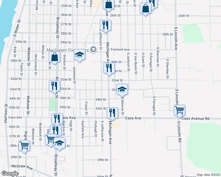 map of restaurants, bars, coffee shops, grocery stores, and more near 1221-1299 Michigan Ave in Bay City