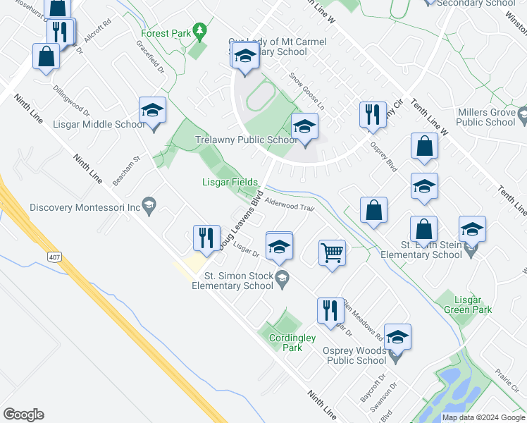 map of restaurants, bars, coffee shops, grocery stores, and more near 6529 Cedar Rapids Crescent in Mississauga