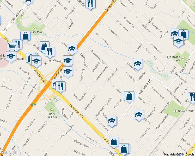 map of restaurants, bars, coffee shops, grocery stores, and more near 164 Maplewood Rd in Mississauga