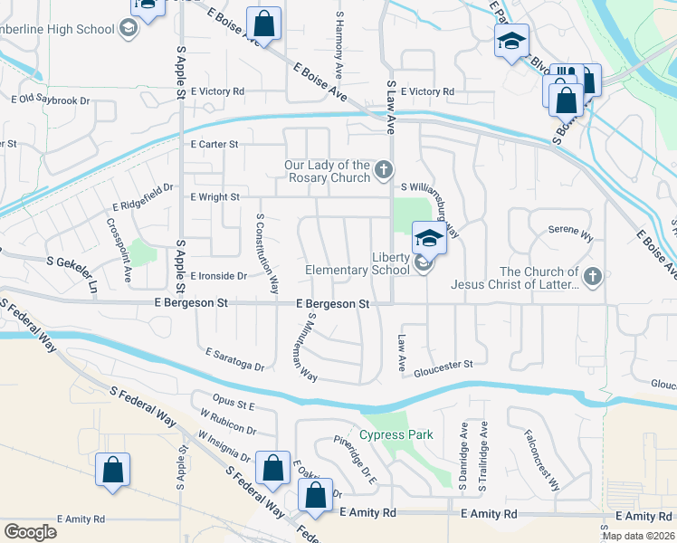 map of restaurants, bars, coffee shops, grocery stores, and more near 3680 South Centennial Way in Boise