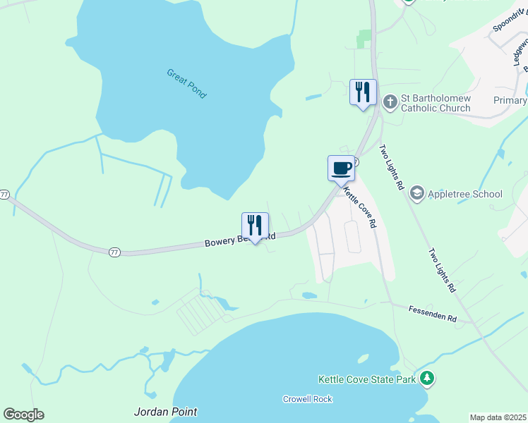 map of restaurants, bars, coffee shops, grocery stores, and more near 2 Beach Rose Ln in Cape Elizabeth