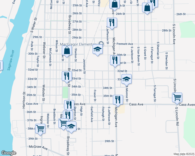 map of restaurants, bars, coffee shops, grocery stores, and more near 1107 33rd Street in Bay City