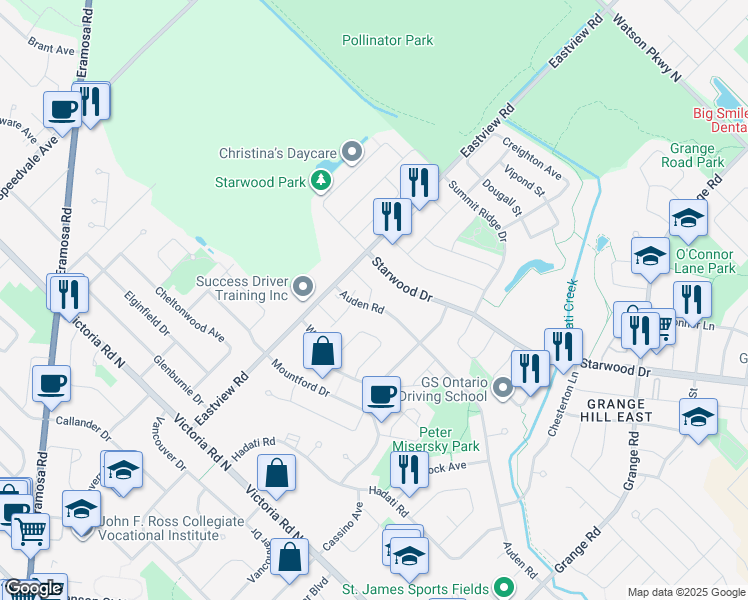 map of restaurants, bars, coffee shops, grocery stores, and more near 467 Auden Road in Guelph