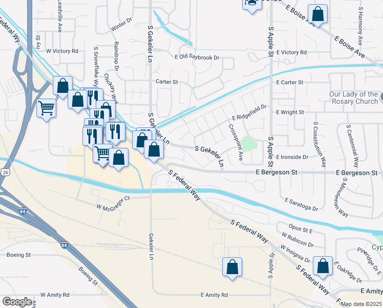map of restaurants, bars, coffee shops, grocery stores, and more near 3785 South Gekeler Lane in Boise