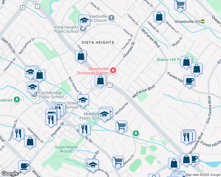 map of restaurants, bars, coffee shops, grocery stores, and more near in Mississauga