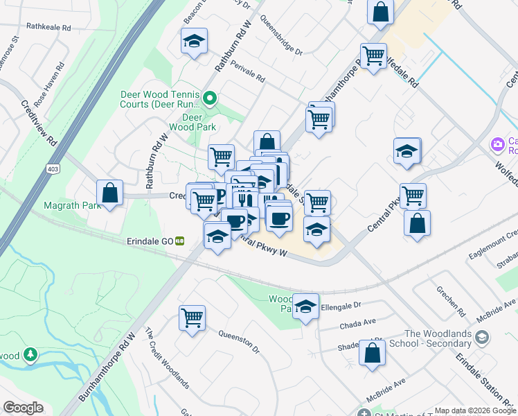 map of restaurants, bars, coffee shops, grocery stores, and more near 1140 Burnhamthorpe Road West in Mississauga