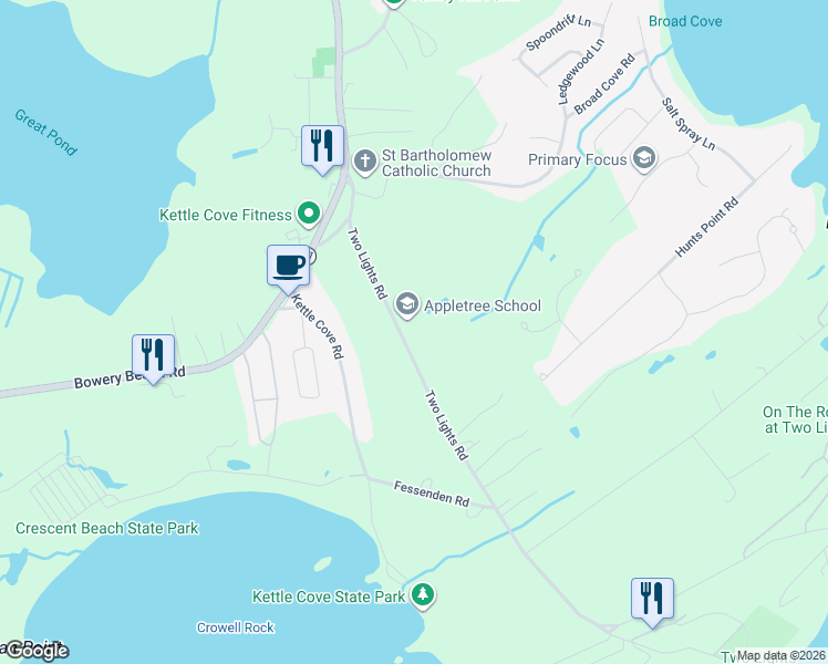 map of restaurants, bars, coffee shops, grocery stores, and more near 44 Two Lights Rd in Cape Elizabeth