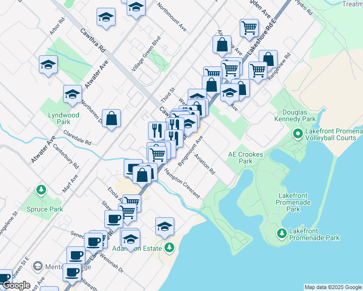 map of restaurants, bars, coffee shops, grocery stores, and more near 624 Lakeshore Road East in Mississauga