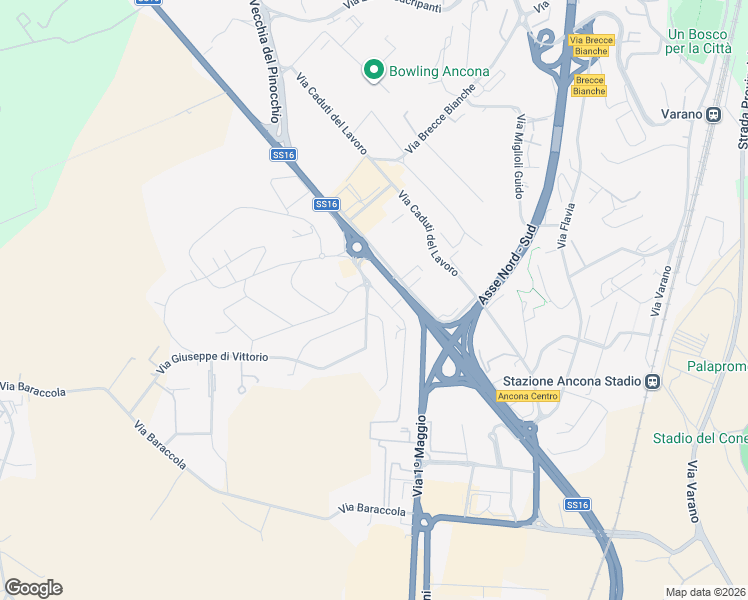 map of restaurants, bars, coffee shops, grocery stores, and more near 14 Via Bruno Buozzi in Ancona