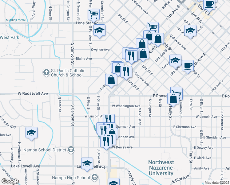 map of restaurants, bars, coffee shops, grocery stores, and more near 1320 Idaho 45 in Nampa