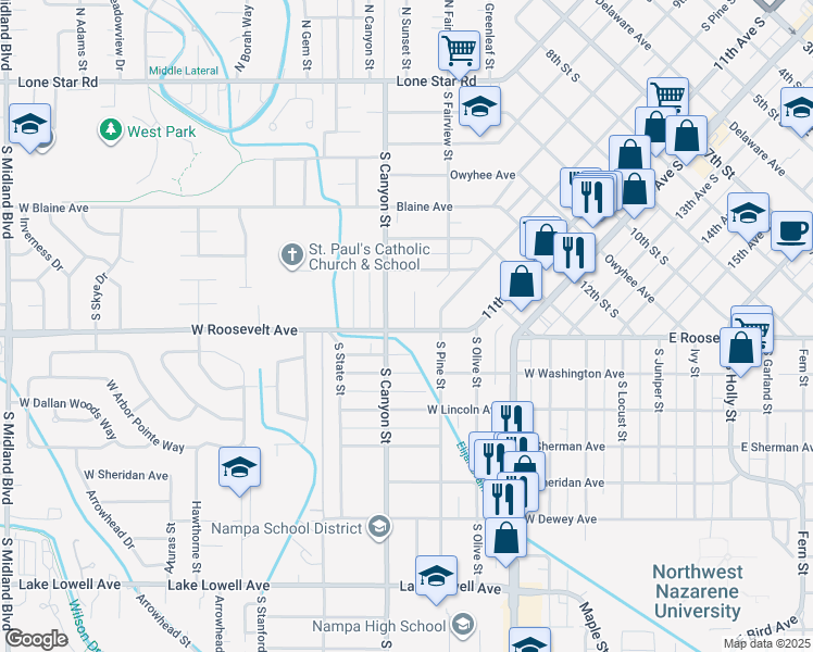 map of restaurants, bars, coffee shops, grocery stores, and more near 97 South Russell Street in Nampa